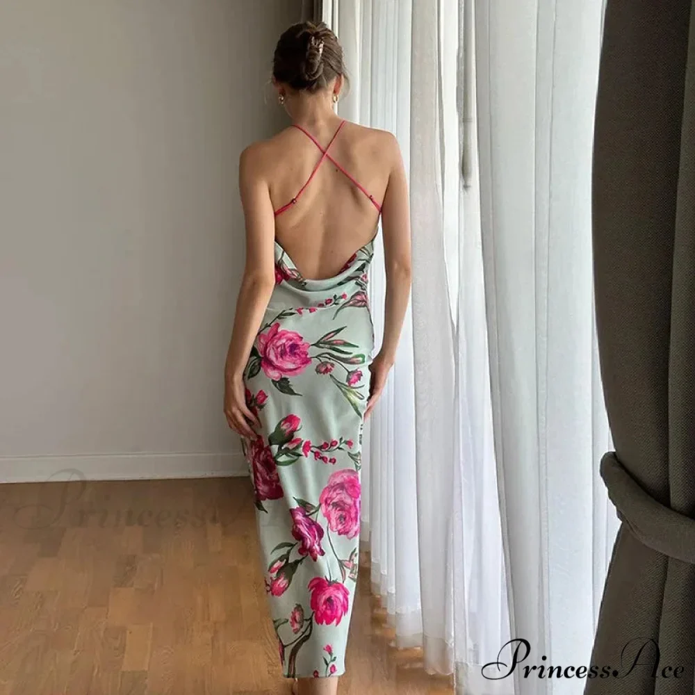 Summer Print Long Halter Backless Satin Split es Women 2024 Hot Vestidos Floral Dress - Image 9