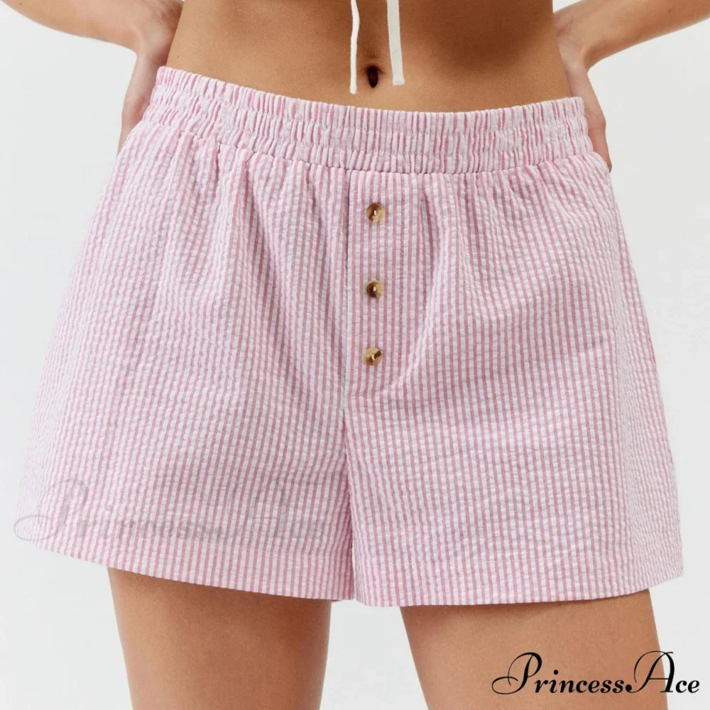 Stripe Print Pajama Boxer Elastic Waist Button Decor Straight Leg Sleeping Pants Short - Image 3