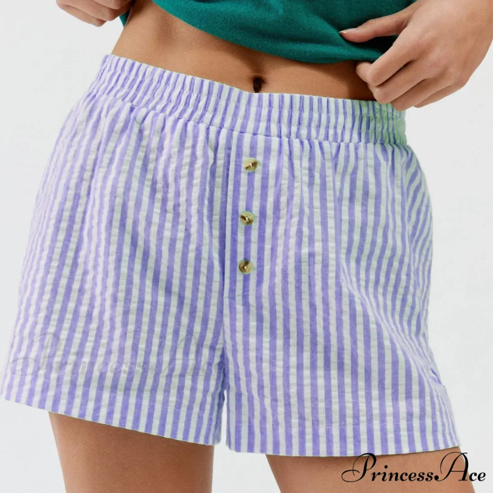 Stripe Print Pajama Boxer Elastic Waist Button Decor Straight Leg Sleeping Pants Short - Image 6