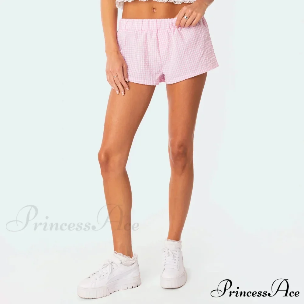 Y2K Lounge Soft Elastic Low Waist Plaid Print Button Front Pajama Bottoms Short - Image 3