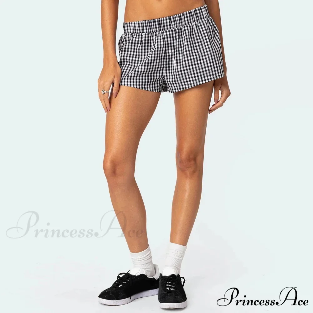 Y2K Lounge Soft Elastic Low Waist Plaid Print Button Front Pajama Bottoms Short - Image 5