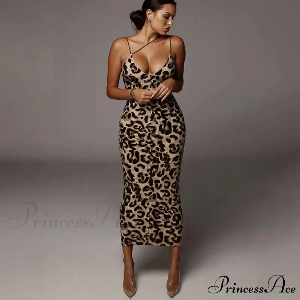 New Sexy Spaghetti Strap Leopard Print Sleeveless V-neck Maxi Evening Party Bodycon Dress - Image 2