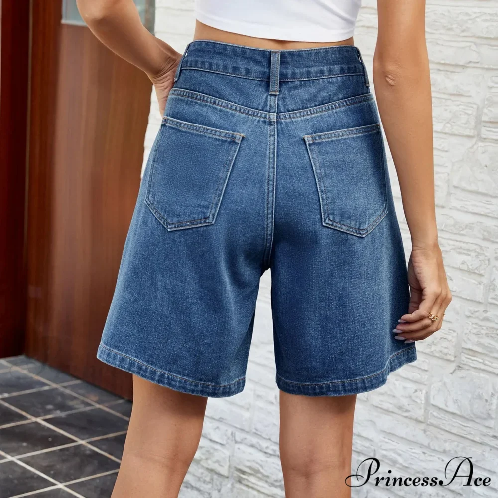 Korean Style Classic Comfortable Adjustable Quarter Blue High Waisted Wide Leg Short - Image 2