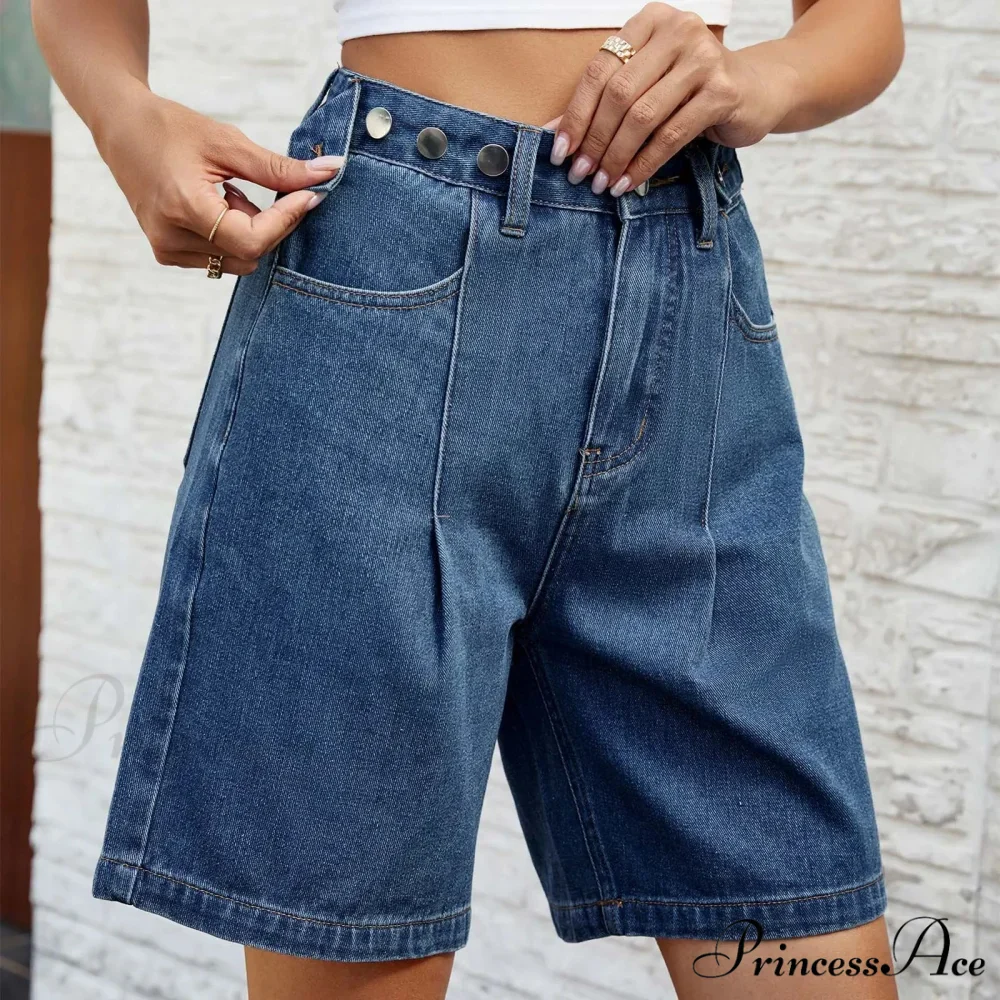 Korean Style Classic Comfortable Adjustable Quarter Blue High Waisted Wide Leg Short - Image 3