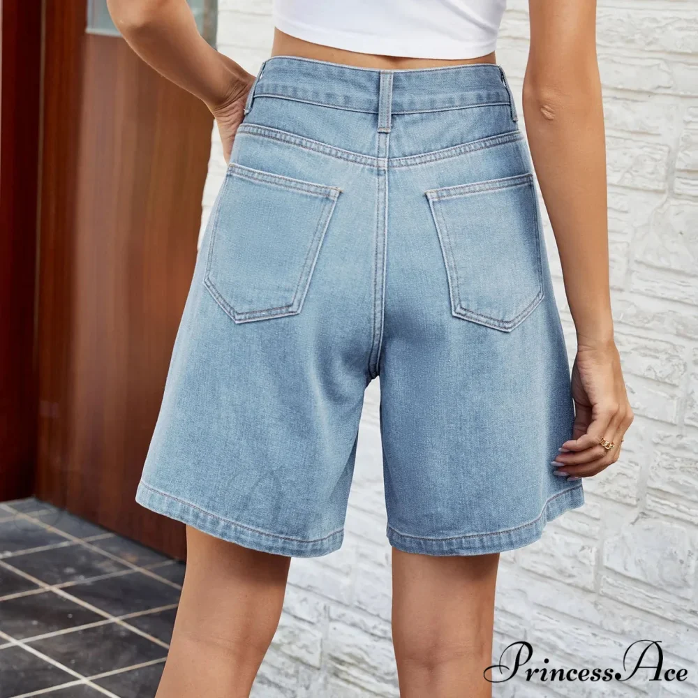 Korean Style Classic Comfortable Adjustable Quarter Blue High Waisted Wide Leg Short - Image 4