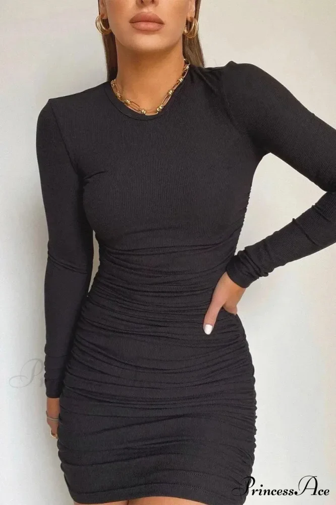 Fashionable Autumn Winter Sexy Elegant Solid Long Sleeve Mini Bodycon Dress - Image 3