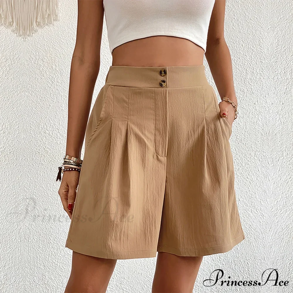 Casual Sport High Waist Pocket Summer Khaki Loose A Lined Wide Leg Short - Image 2