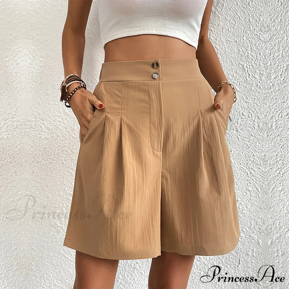Casual Sport High Waist Pocket Summer Khaki Loose A Lined Wide Leg Short - Image 4