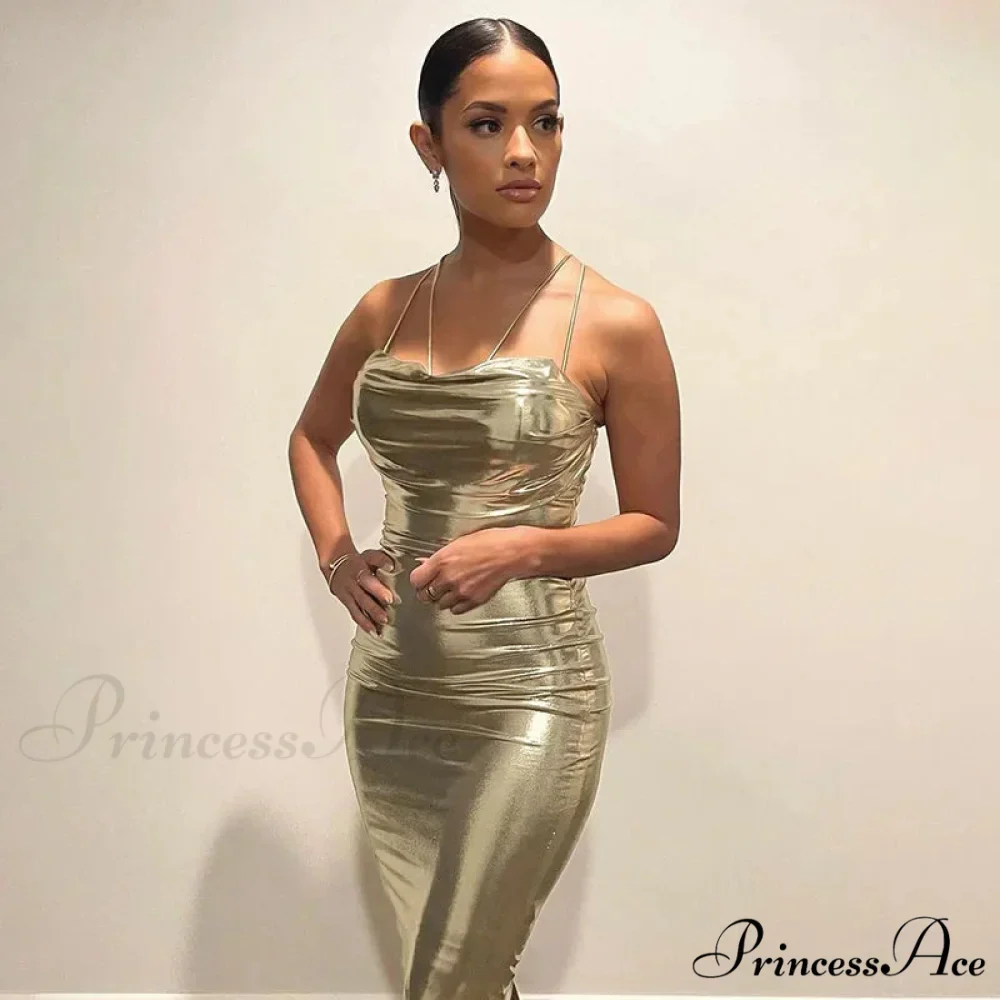 Spaghetti Strap Gold Midi Fashion Wrap Chest Slim Backless 2024 Summer Party Club Bodycon Dress - Image 2