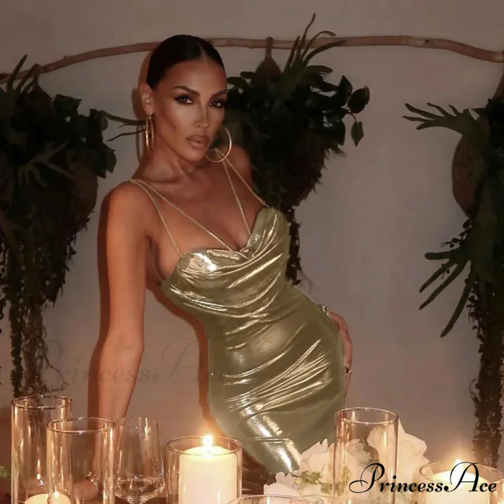 Spaghetti Strap Gold Midi Fashion Wrap Chest Slim Backless 2024 Summer Party Club Bodycon Dress - Image 4