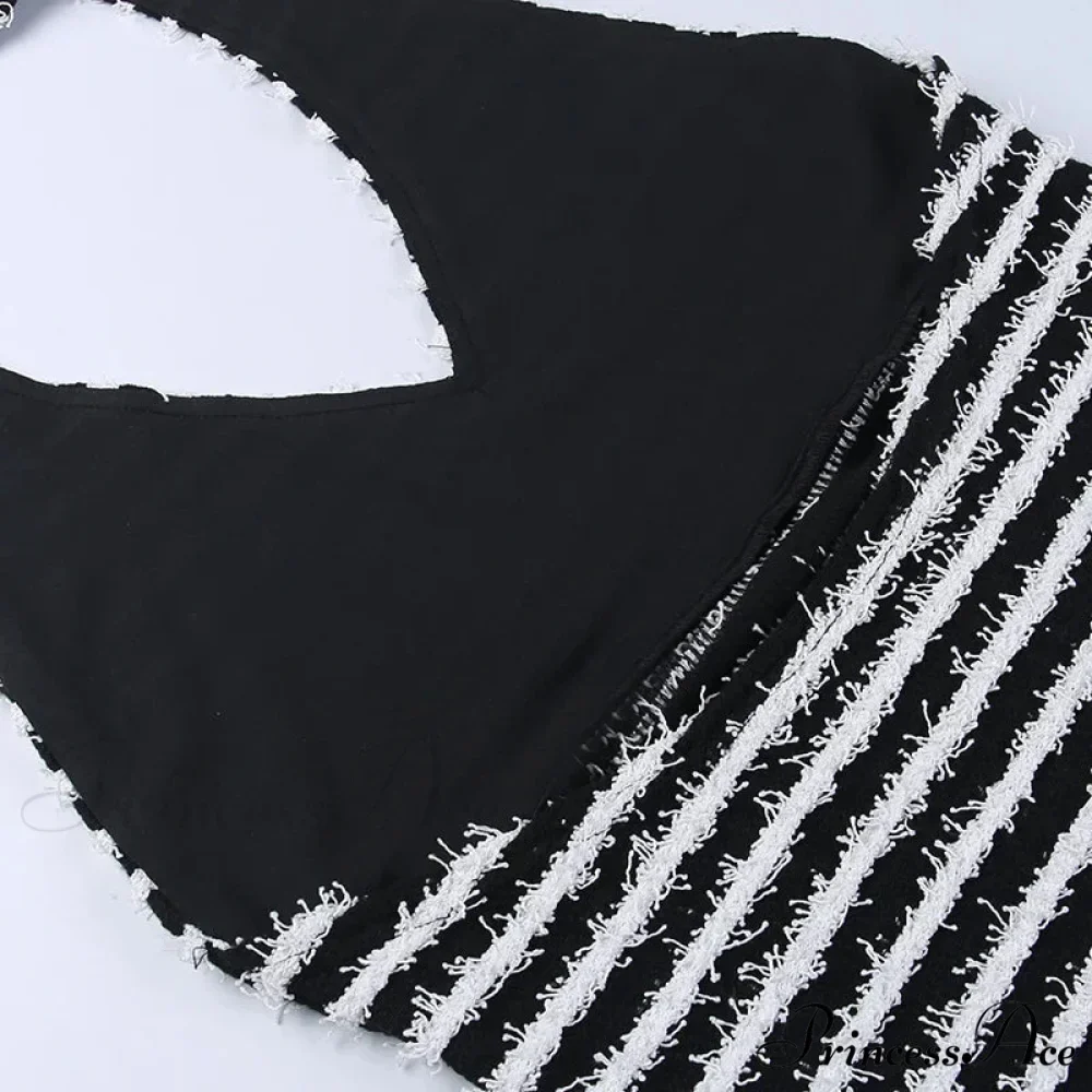 Black and White Striped Knitted Vacation Deep V Halter Bodycon Dress - Image 6