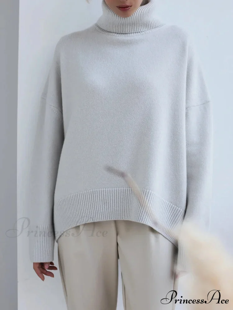 Thick Cozy Oversize Warm White High Neck Knitted Casual Comfortable Sweater - Image 3