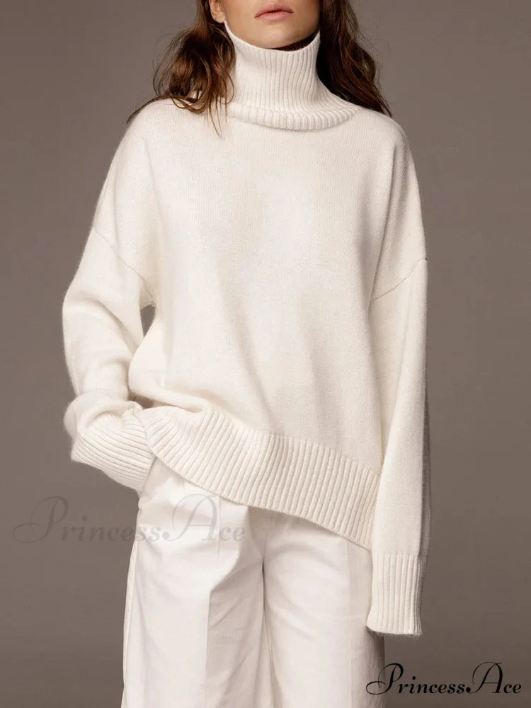 Thick Cozy Oversize Warm White High Neck Knitted Casual Comfortable Sweater - Image 8