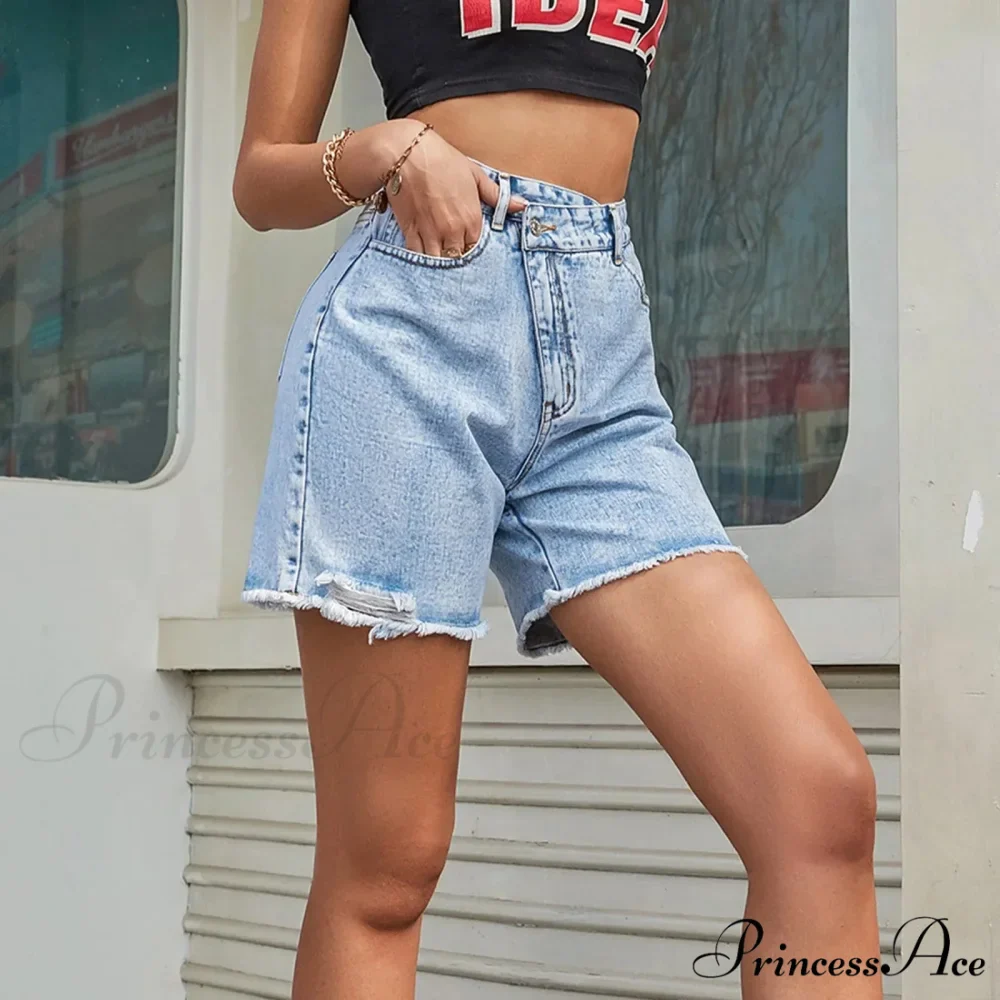 Solid Color Fashion Waistband Loose Slim Edge Denim Ladies Summer Short - Image 2