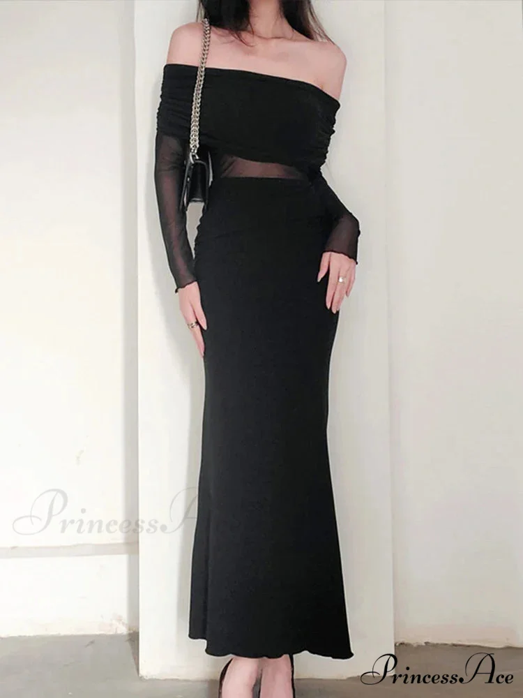 Autumn Sexy Strapless Black Lace Patchwork Long Streetwear Club Long Bodycon Dress - Image 7