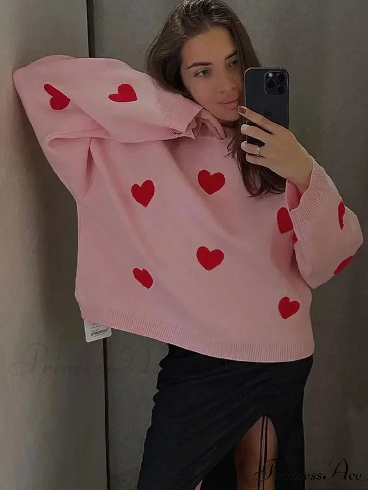 Autumnal Oversized Cozy Heart-printed Casual Comfortable Thickened Long Sleeve Warm Sweater - Image 2