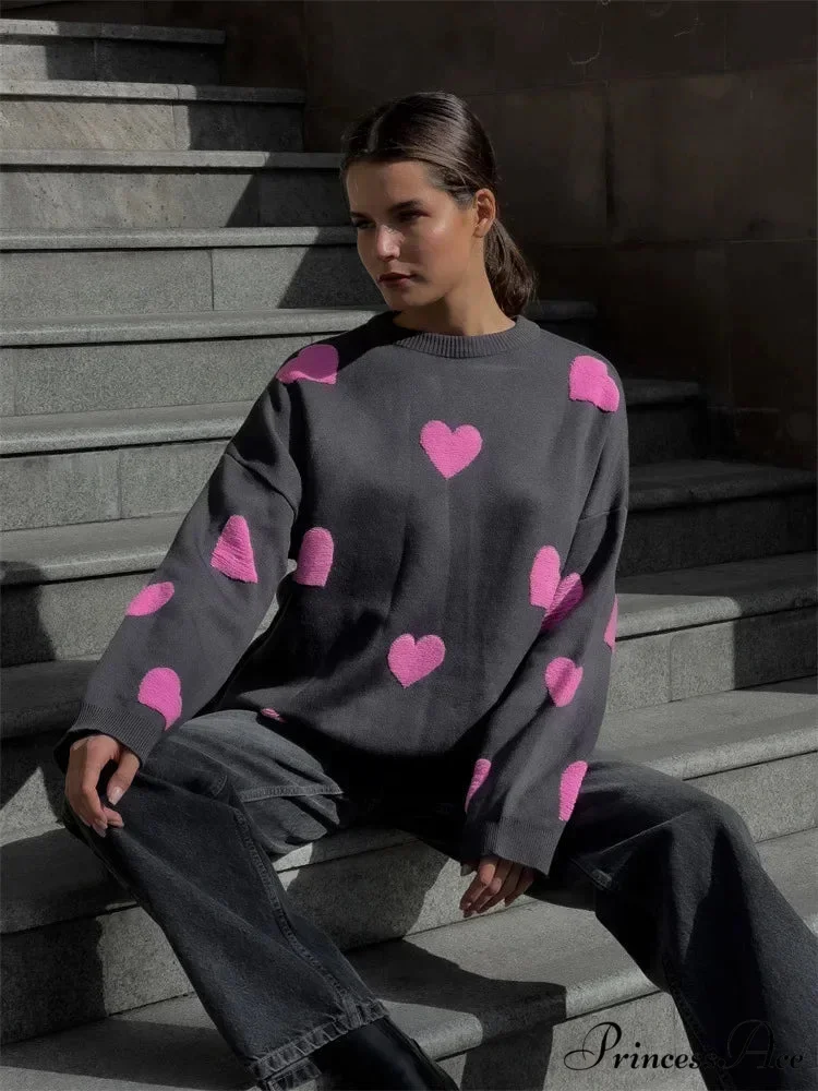 Autumnal Oversized Cozy Heart-printed Casual Comfortable Thickened Long Sleeve Warm Sweater - Image 3