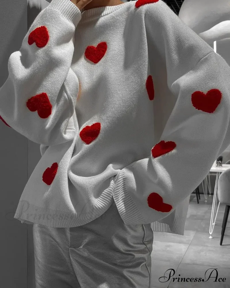 Autumnal Oversized Cozy Heart-printed Casual Comfortable Thickened Long Sleeve Warm Sweater - Image 8
