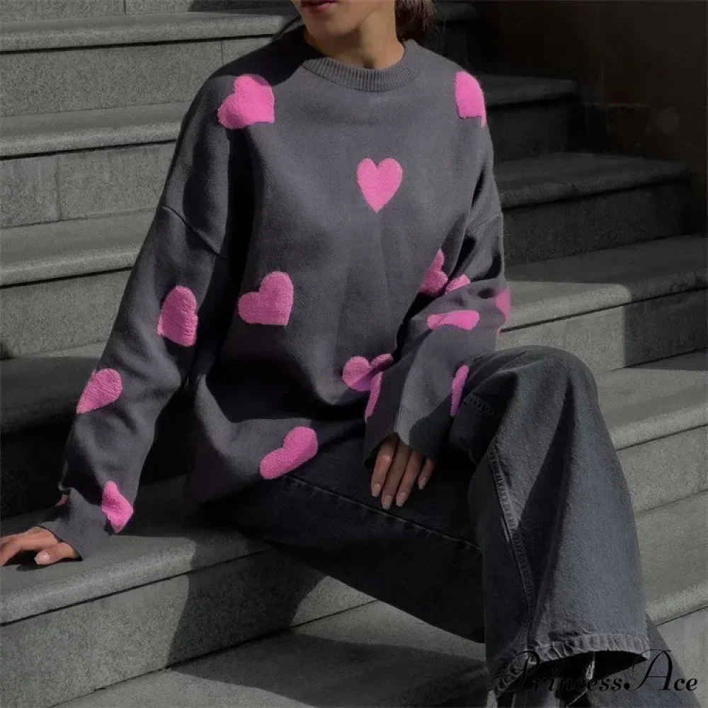 Autumnal Oversized Cozy Heart-printed Casual Comfortable Thickened Long Sleeve Warm Sweater - Image 9