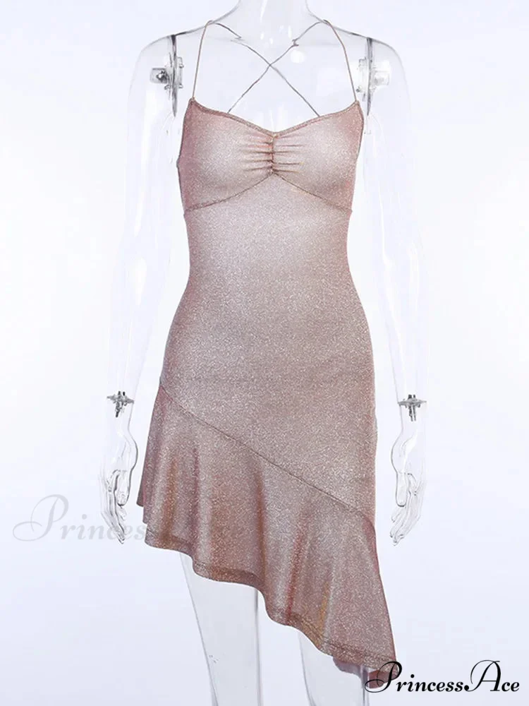 Party Backless Asymmetry Ruffles Hem Spaghetti Strap V-Neck Sleeveless Mini Lace up Bodycon Dress - Image 7