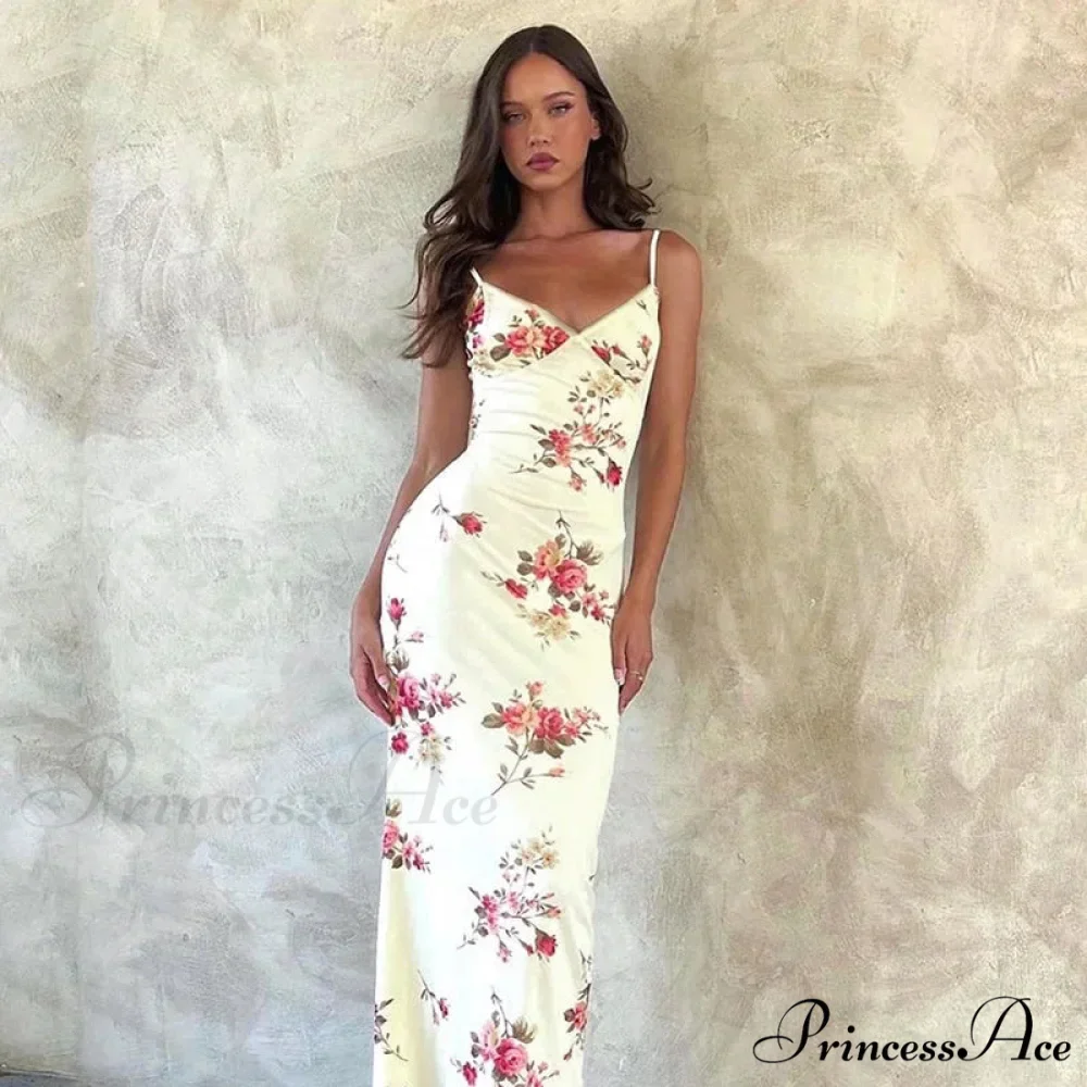Floral Print Suspender V-neck Maxi 2024 Chic Female Beach Party Club Bodycon Dress - Image 8