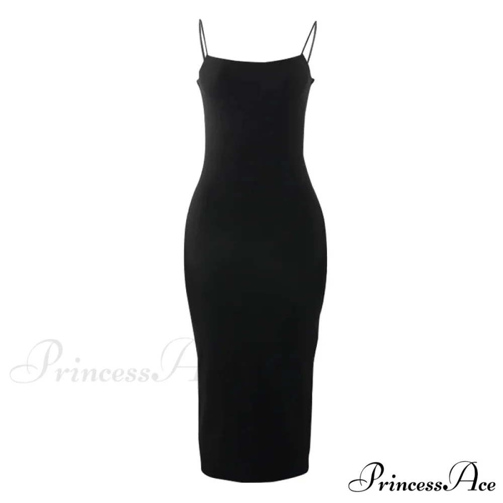 Summer Black Spaghetti Strap Backless Solid Sleeveless Elegant Party Bodycon Dress - Image 6