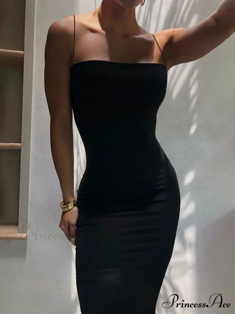 Summer Black Spaghetti Strap Backless Solid Sleeveless Elegant Party Bodycon Dress - Image 8