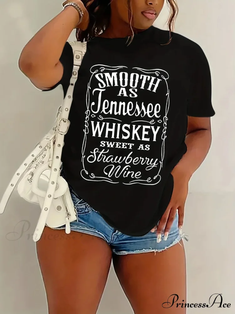 Whiskey Letter Print Sleeve Spring&Summer Crew Neck Women's Casual Tee T-shirt - Image 2