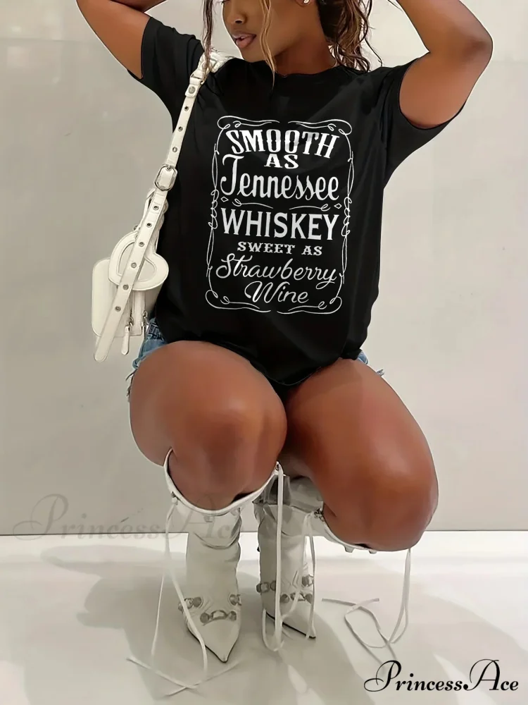 Whiskey Letter Print Sleeve Spring&Summer Crew Neck Women's Casual Tee T-shirt - Image 3
