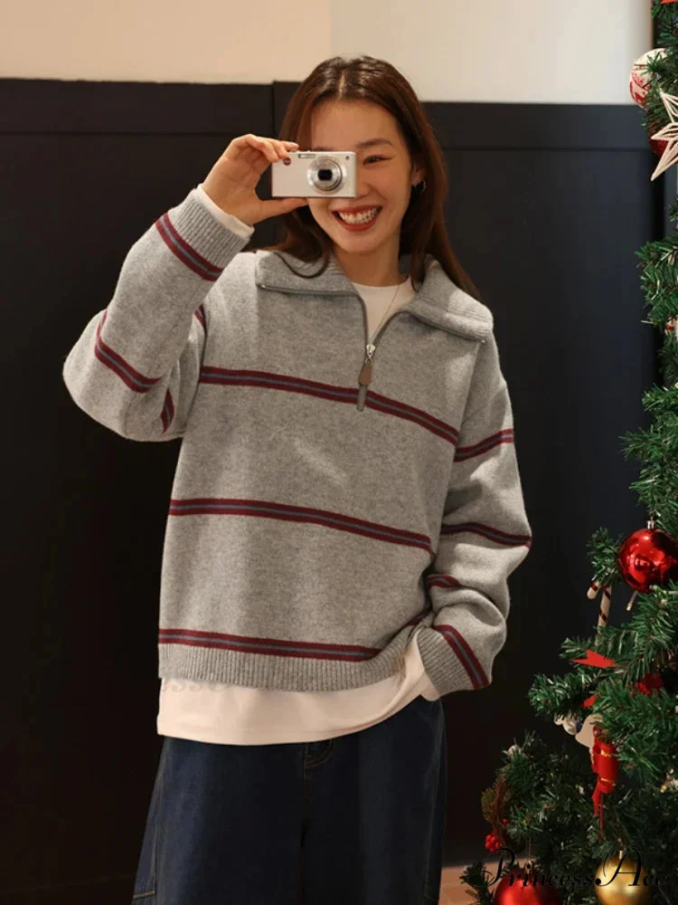 Trendy Stylish Striped Cozy Casual Comfortable Loose Warm Sweater - Image 4
