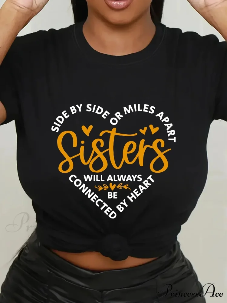 Vintage Crew Neck Short Sleeve Sisters Print Spring & Summer Women's Clothing T-shirt - Image 2