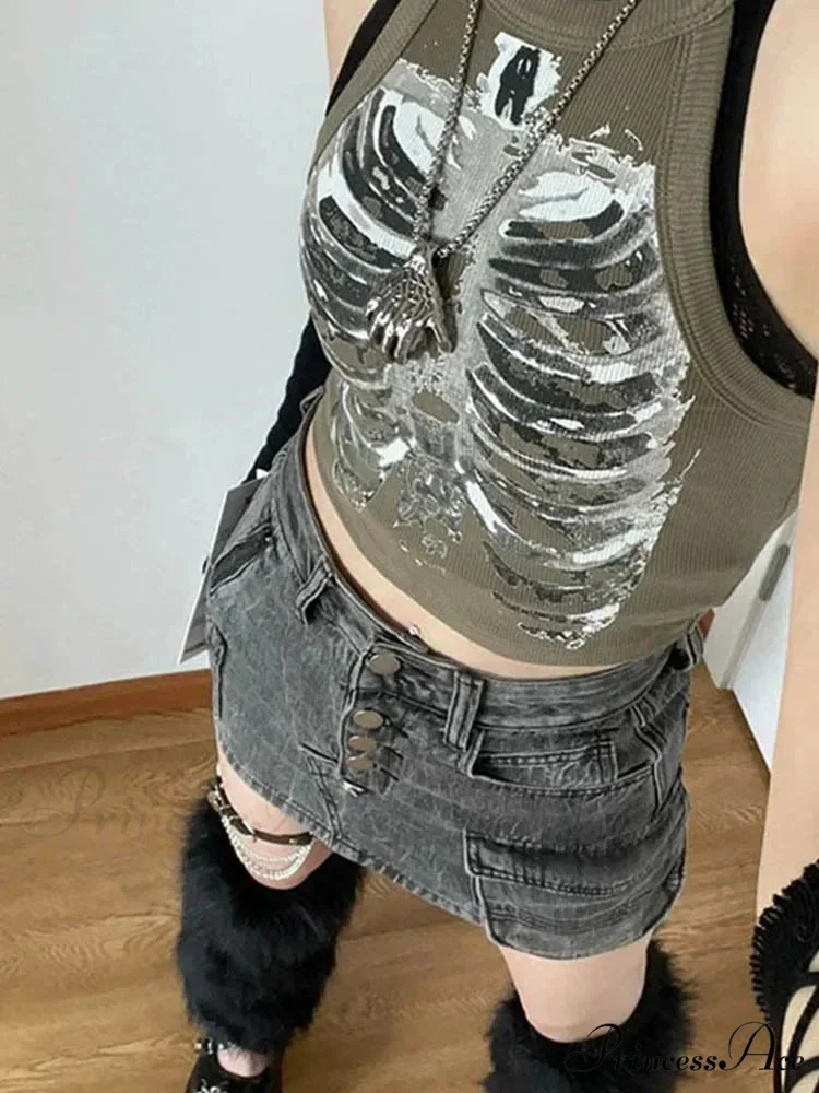 Punk Aesthetic Cyber Retro X-ray Skeleton Print Sleeveless Vest ArmyGreen Crop Designer Clothes Women 2024 Summer Emo Tank top - Image 2