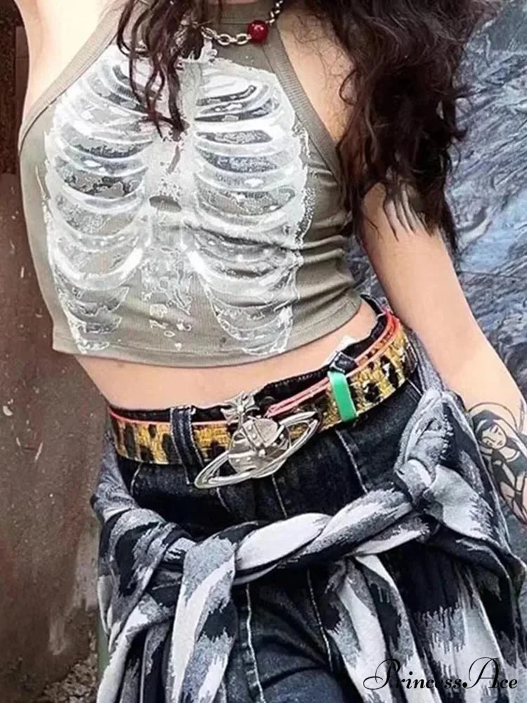 Punk Aesthetic Cyber Retro X-ray Skeleton Print Sleeveless Vest ArmyGreen Crop Designer Clothes Women 2024 Summer Emo Tank top - Image 5