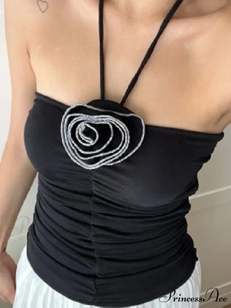 Flower Patchwork halter Tubes Off Shoulder Backless Tank 2024 Sexy Women Off Shoulder Ruched Black Mini Vests Tank top - Image 2