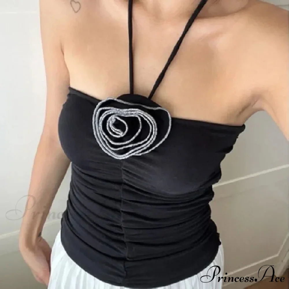 Flower Patchwork halter Tubes Off Shoulder Backless Tank 2024 Sexy Women Off Shoulder Ruched Black Mini Vests Tank top - Image 7
