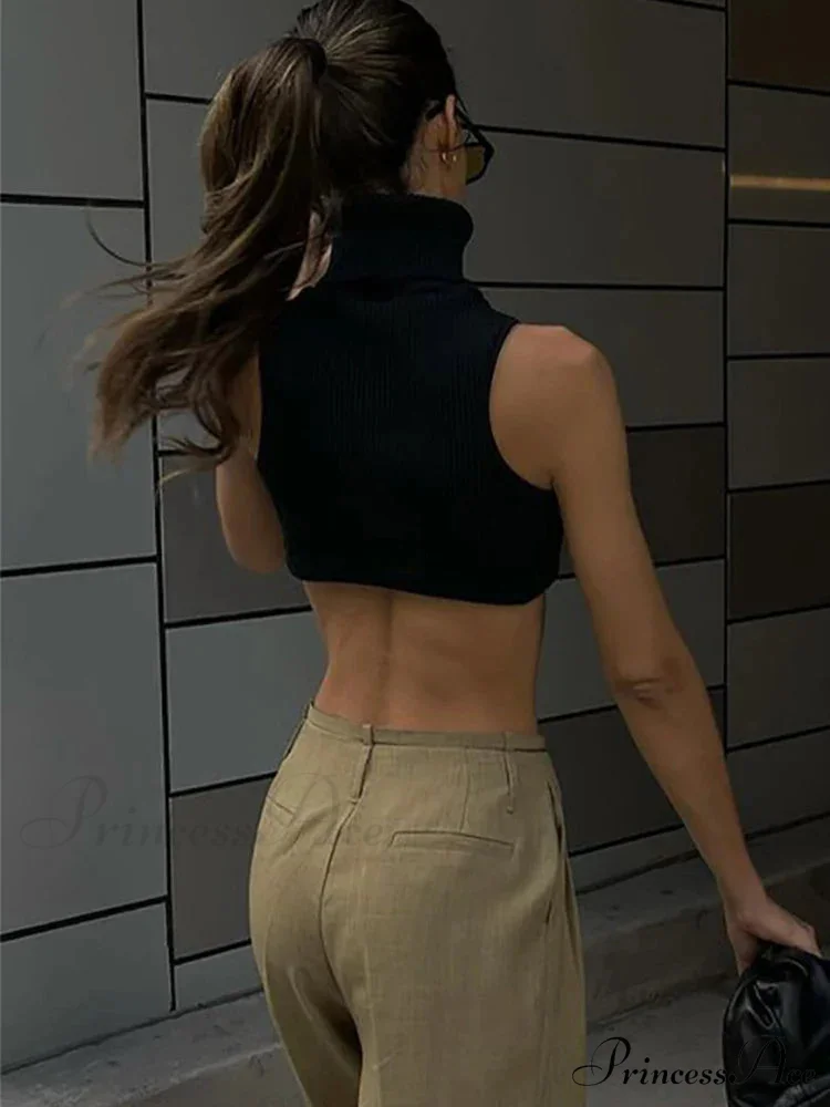 Y2k Black Knitting Turtleneck Crop Women Irregularity Skinny Elasticity Fashion Club Streetwear Tank top - Image 4