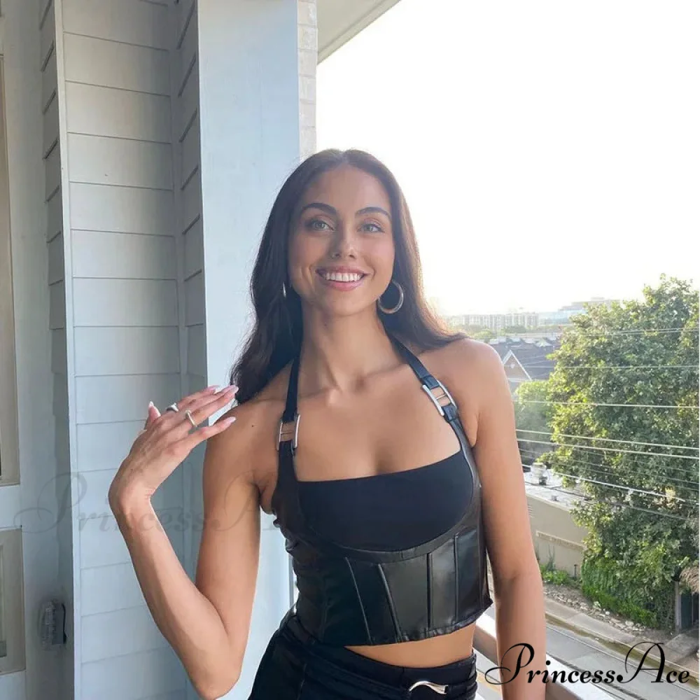 Hanging Neck Sexy Black Nightclub Matte Charm Hot High Street Shrink Gather Women's Navel Short Vest Tank top - Image 2