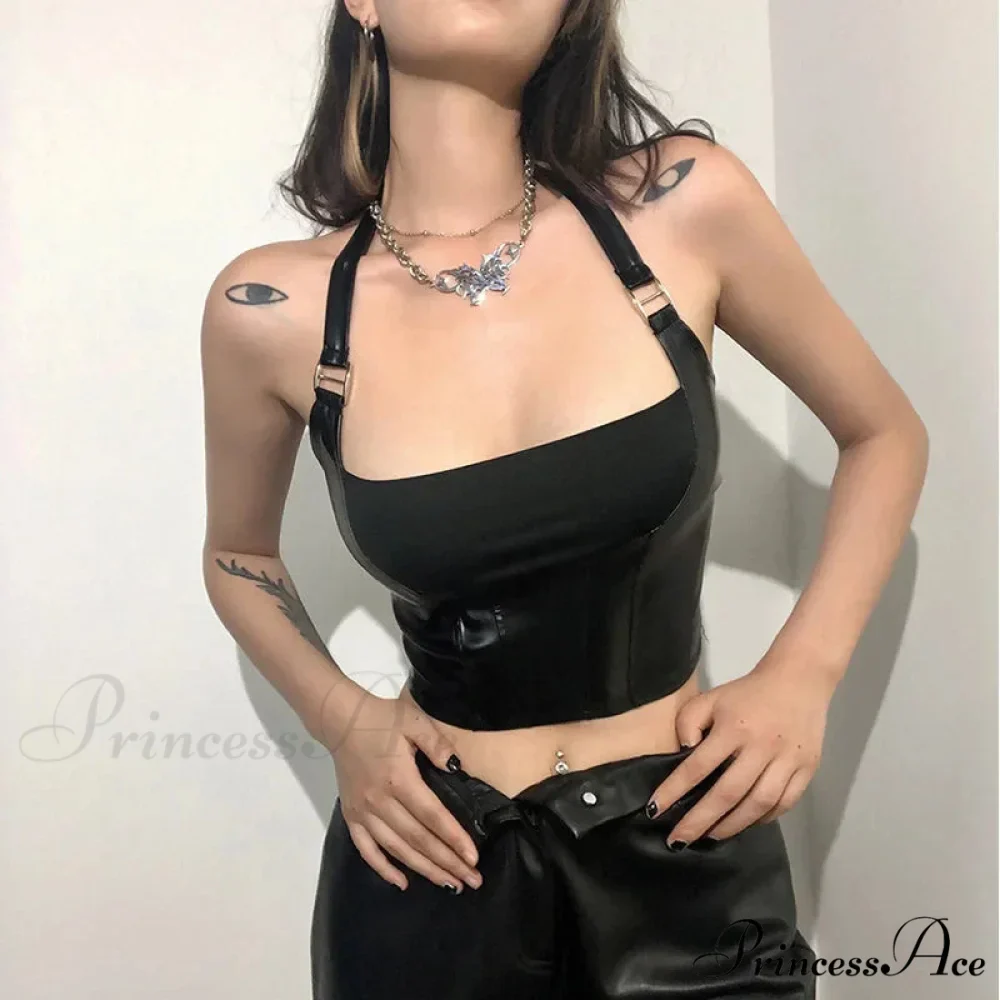 Hanging Neck Sexy Black Nightclub Matte Charm Hot High Street Shrink Gather Women's Navel Short Vest Tank top - Image 3