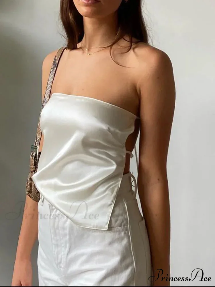 2024 Satin Backless Crop Women Green Summer Cami Bandage Sleeveless Strapless Off Shoulder Tank top - Image 5