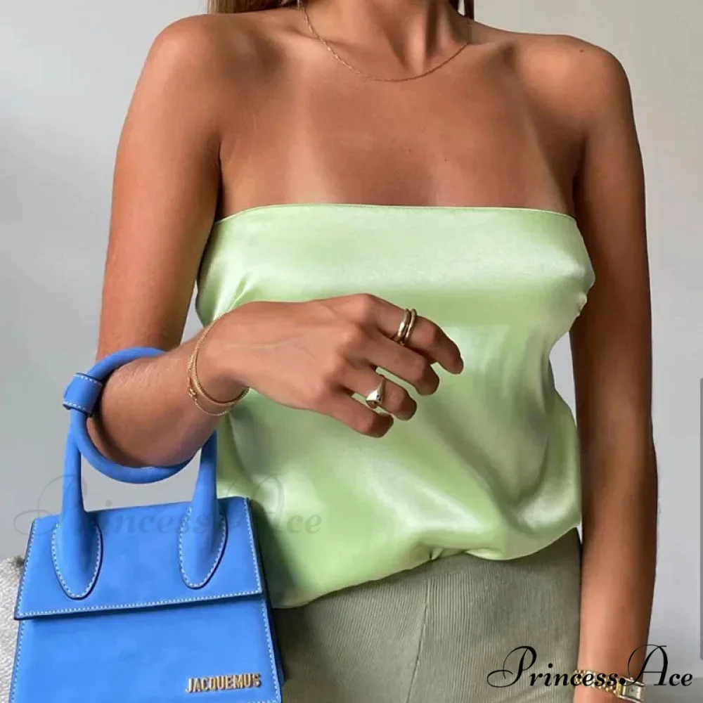 2024 Satin Backless Crop Women Green Summer Cami Bandage Sleeveless Strapless Off Shoulder Tank top - Image 7