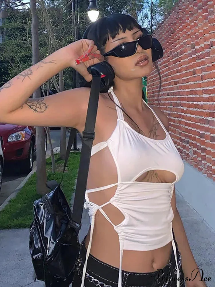 Y2K Backless Summer Crop Women Hollow Out 2024 White Sleeveless Bandage Halter Streetwear Cami 90s Tank top - Image 2