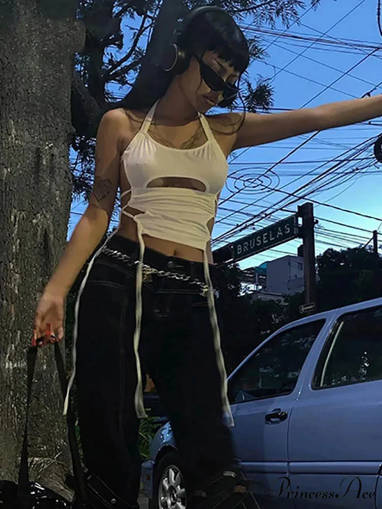 Y2K Backless Summer Crop Women Hollow Out 2024 White Sleeveless Bandage Halter Streetwear Cami 90s Tank top - Image 5