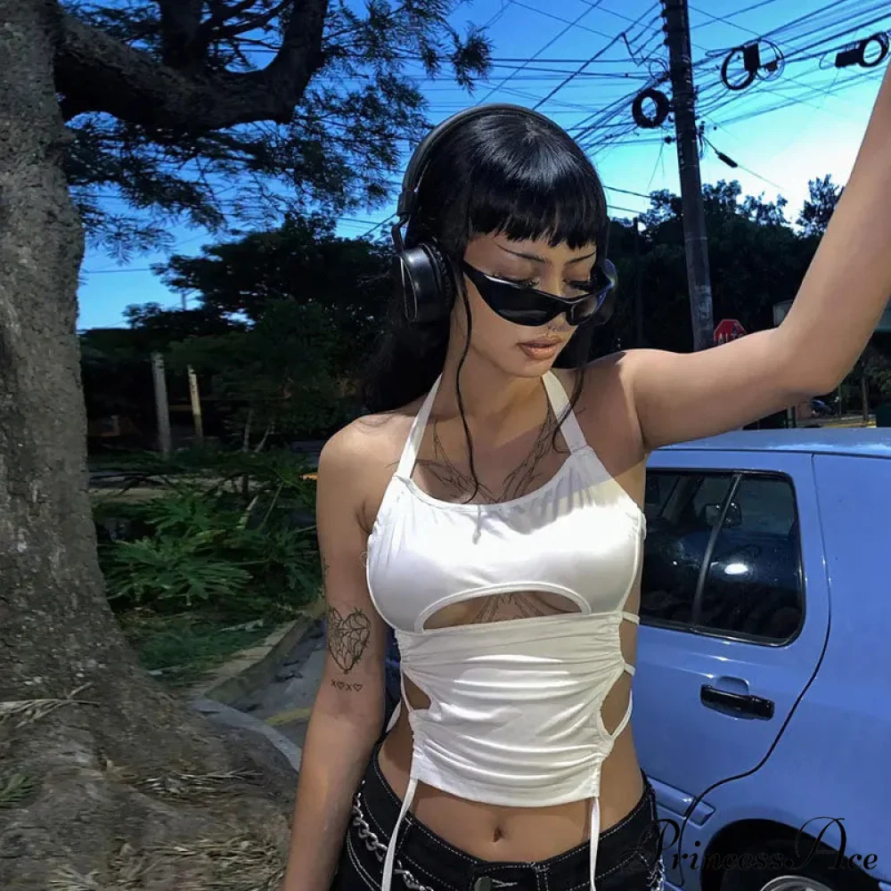 Y2K Backless Summer Crop Women Hollow Out 2024 White Sleeveless Bandage Halter Streetwear Cami 90s Tank top - Image 6