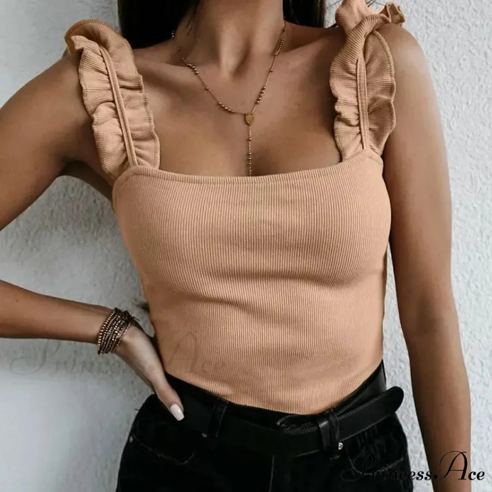Women Collar Solid Knit Casual Basic Summer Ribbed Slim Ruffless Tank top - Image 8