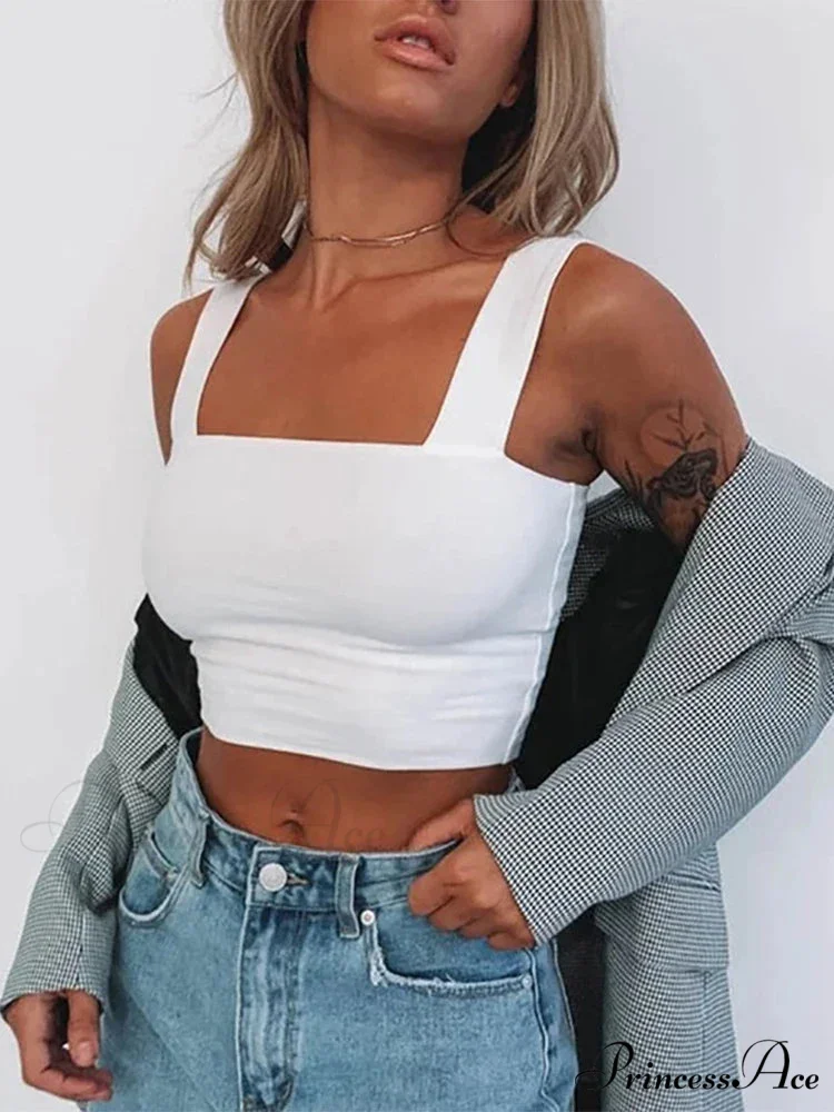 Square Neck Sleeveless Summer Crop Women Black Casual Basic T Shirt Off Shoulder Cami Sexy Backless Tank top - Image 2