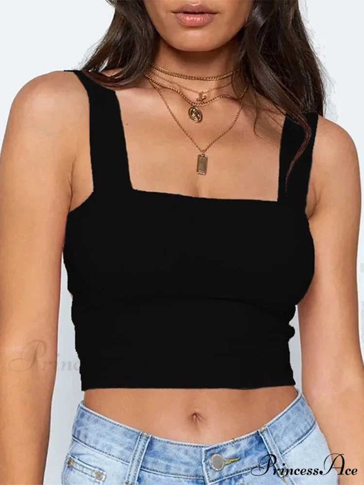 Square Neck Sleeveless Summer Crop Women Black Casual Basic T Shirt Off Shoulder Cami Sexy Backless Tank top - Image 6