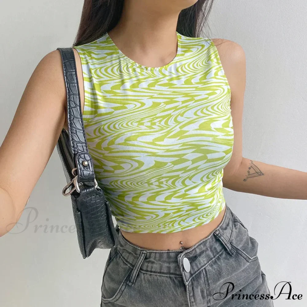 90s Aesthetics Striped Print Crops Summer Streetwear Sleeveless O-neck Green Baby Women 2024 Vests Tank top - Image 2