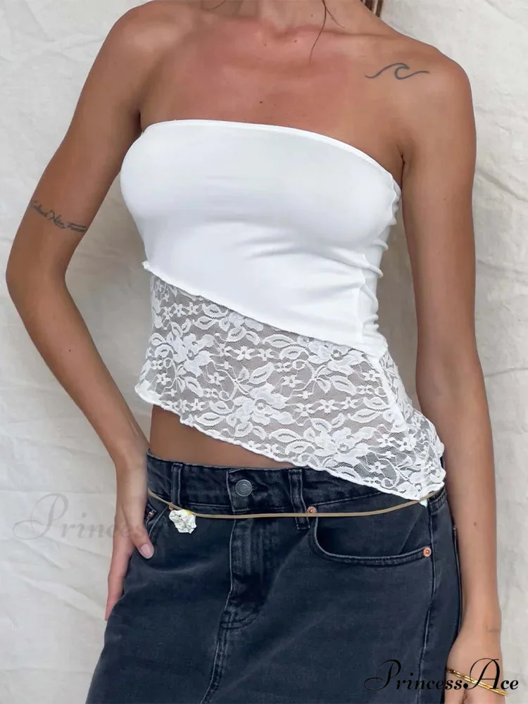 2024 Women Chest Wrapping Solid Lace See Through Backless Casual Chic Strapless Crop Going Out Sleeveless Camis Tank top - Image 5