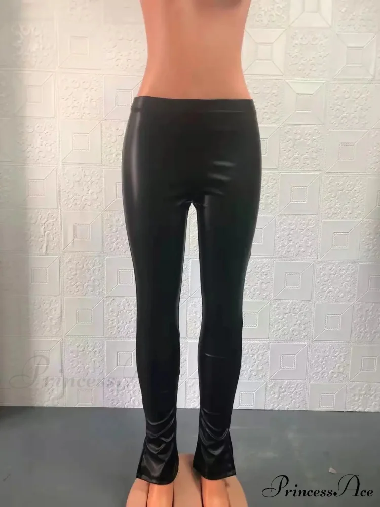 Black Leather Look Petite Faux Leather Leggings Lift Compression Pants - Image 3