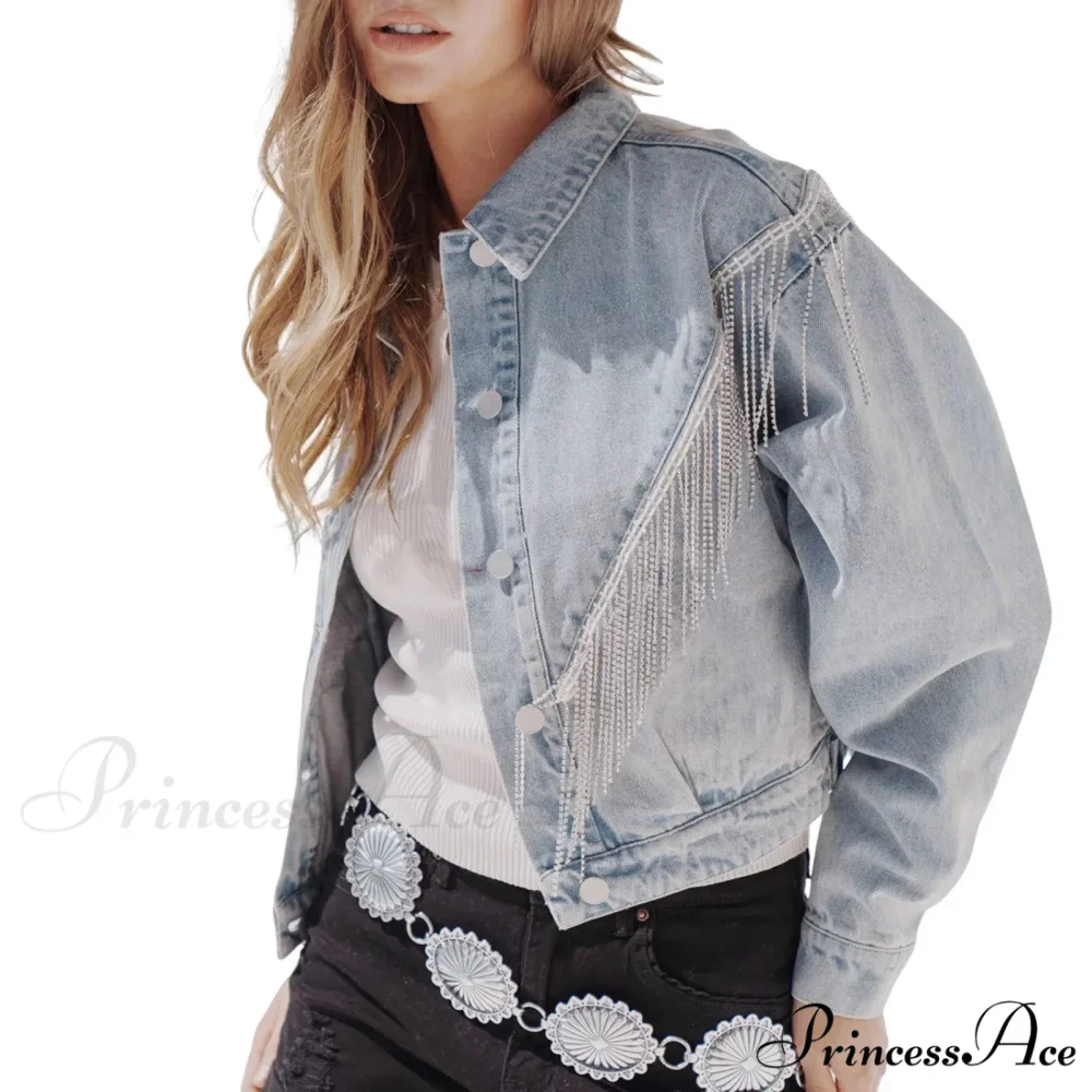 Denim Turndown Collar Splice Rhinestone Tassel Long Sleeve Loose Button Woman Clothing Warm Chic Stylish Elegant Fashionable Versatile Jacket - Image 4
